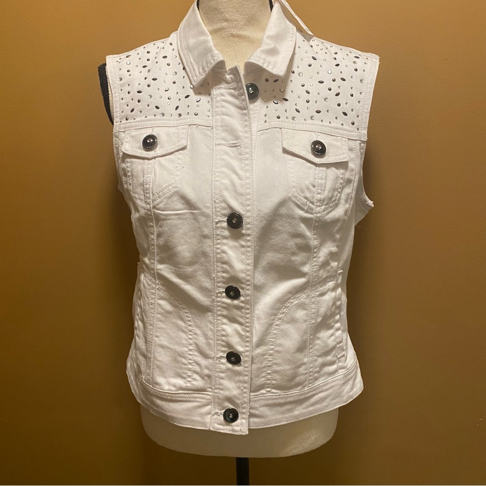 Womens Dressbarn white denim Rhinestone sleeveless jacket vest sz S NWT western
